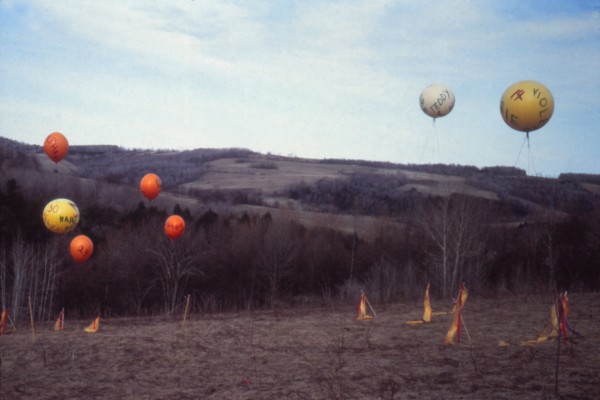 Rosemary Mayer, Some Days in April 1978, fabric, rope and wooden rod; installed during the week of April 17, 1978, at the property of Bruce Kurtz, Hartwick, New York