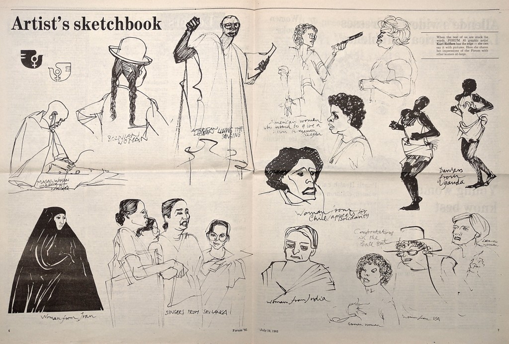 Karl Rolfsen, sketchbook from NGO Forum 85’ newspaper, July 19, 1985, p. 6-7 